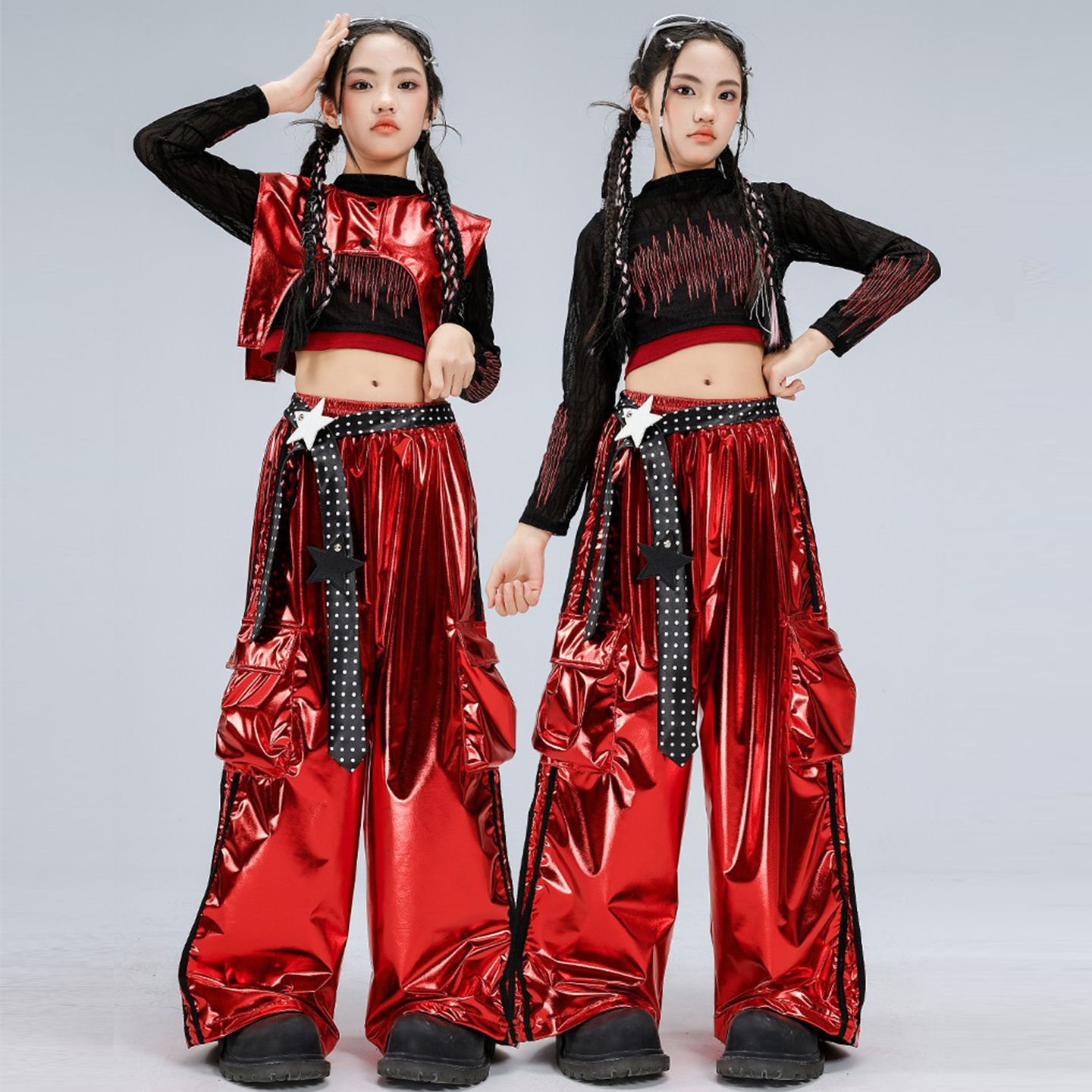 女童爵士舞服装黑红露脐皮裤舞蹈服套装jazz女孩走秀元旦演出服女