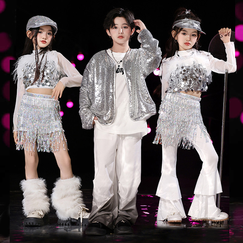 嘻哈街舞演出服银色机车服