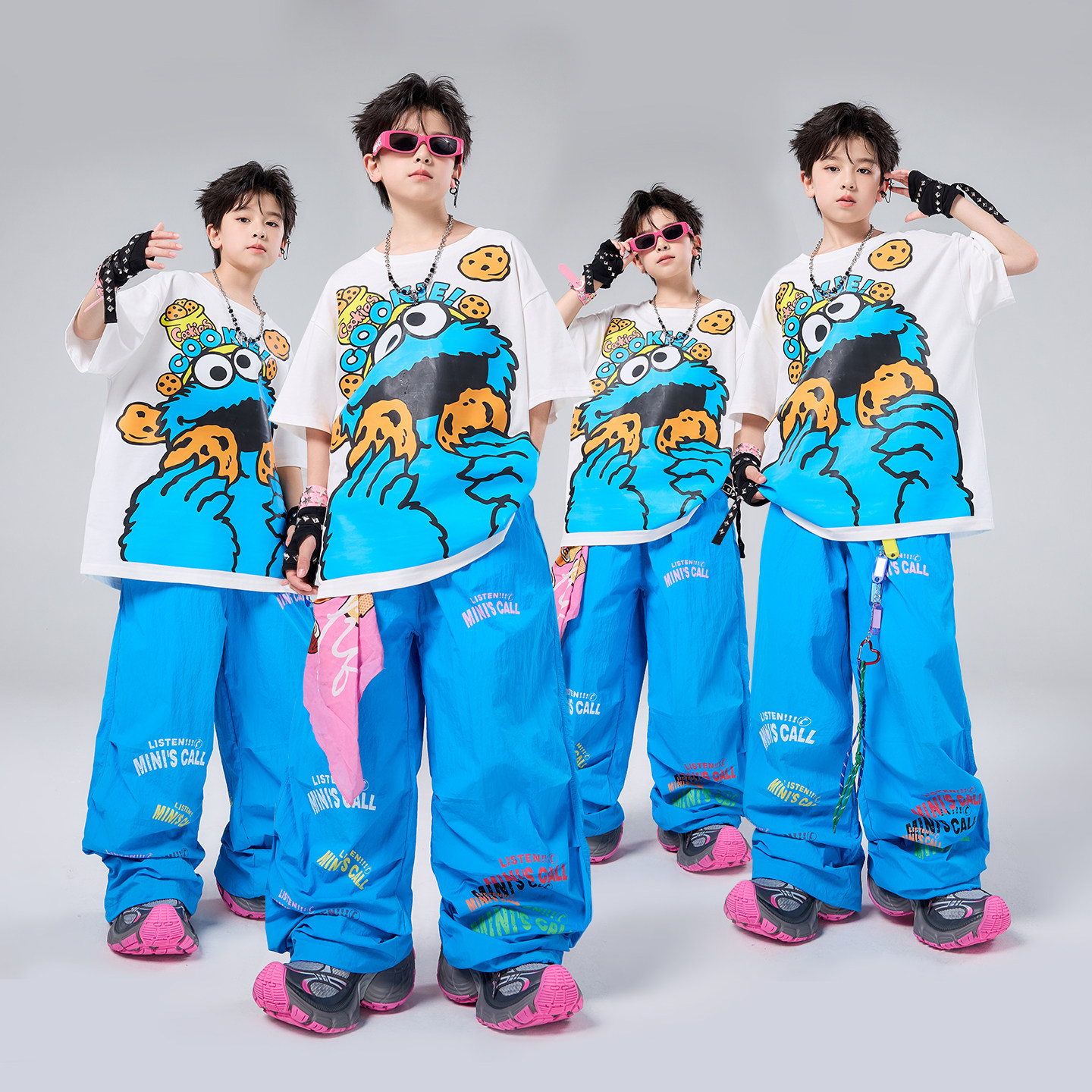 儿童街舞潮服演出服男童套装hiphop童装嘻哈女爵士舞 潮牌卡通T恤
