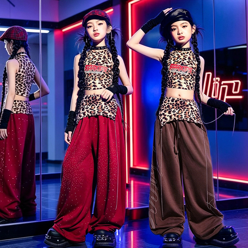 爵士舞服装女童少儿jazz舞蹈表演潮酷女孩套装豹纹街舞儿童演出服