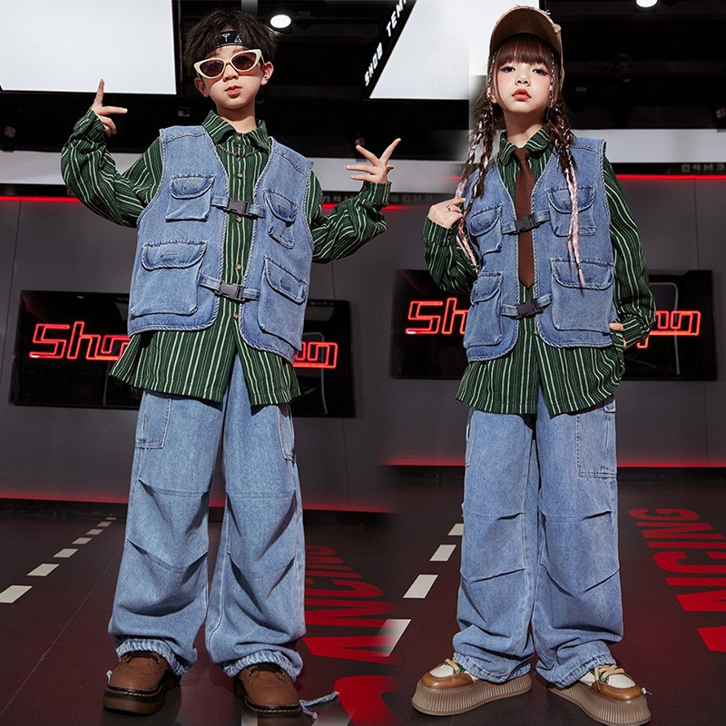 街舞儿童潮服日系衬衫马甲套装男童hiphop演出服女童走秀表演服酷