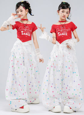 爵士舞女童服装露脐红色字母短袖舞蹈服套装jazz女孩街舞表演服女