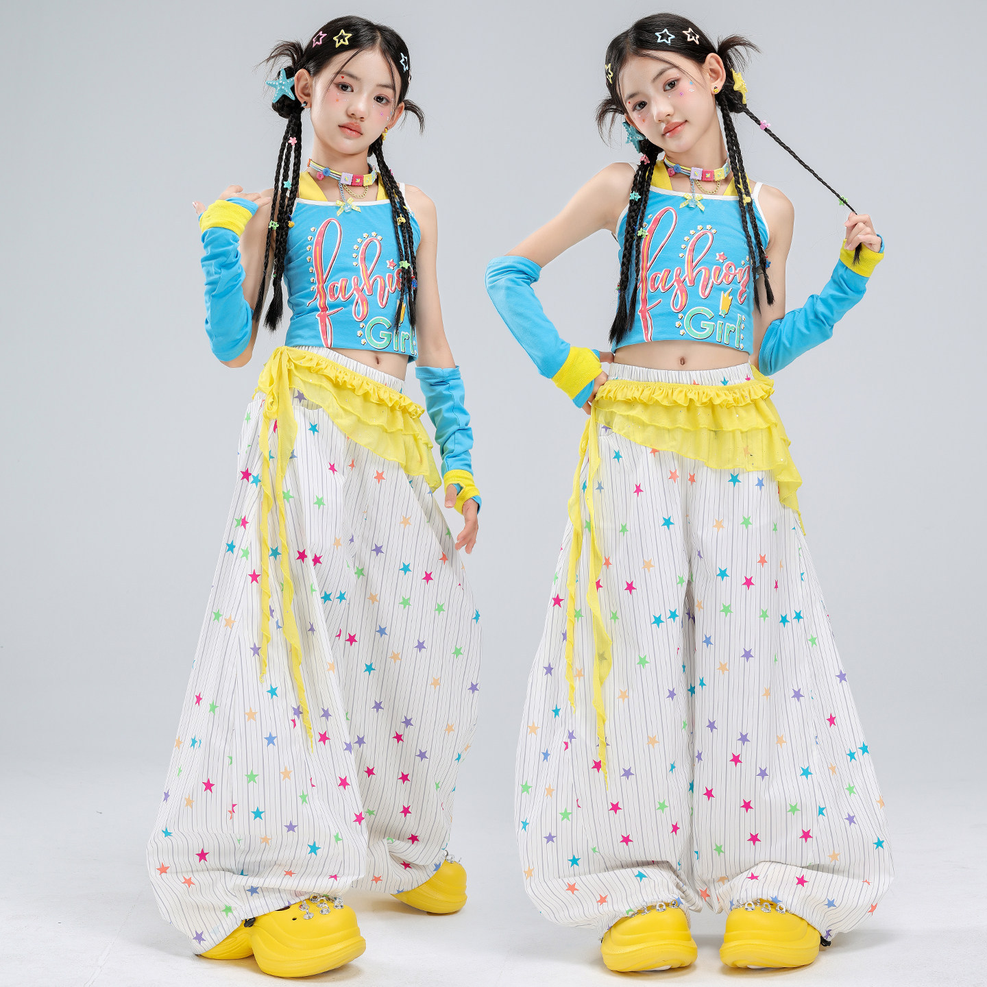 少儿爵士舞服装夏天露脐女童蓝色吊带舞蹈服jazz女孩走秀表演服女