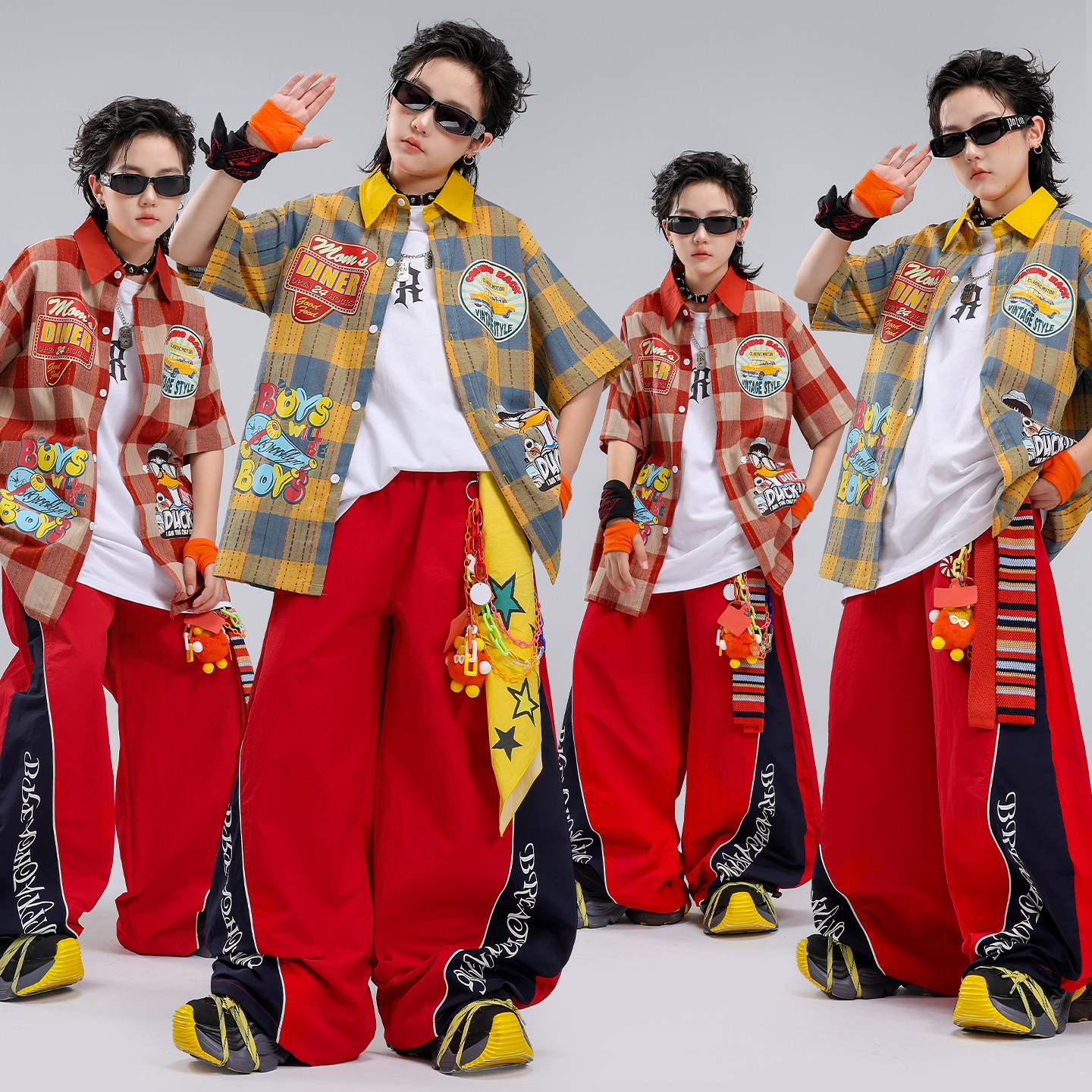 街舞儿童潮服嘻哈男童欧美风格子衬衫表演服套装hiphop男孩演出服