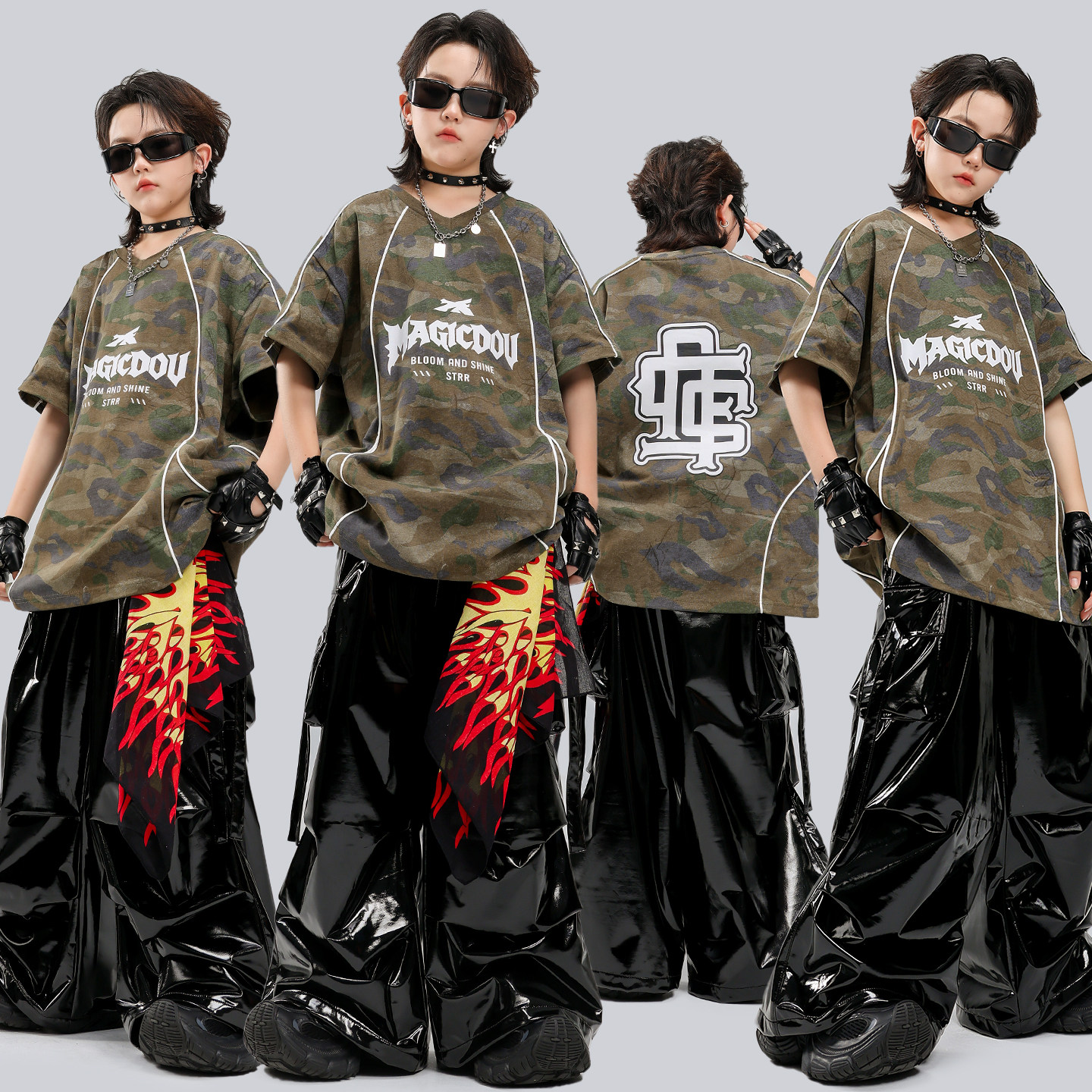 男童街舞短袖迷彩宽松皮裤帅气演出服嘻哈套装hiphop炸街架子鼓潮