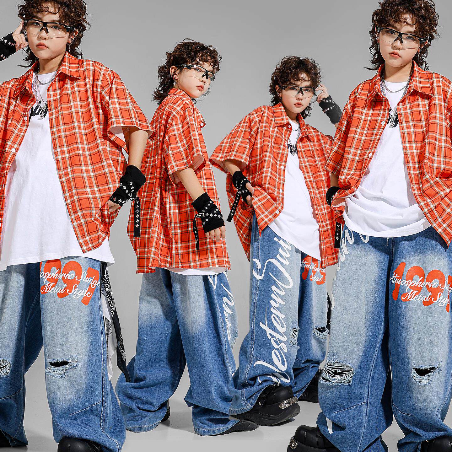 少儿街舞演出服男童嘻哈衬衫牛仔裤儿童hiphop街舞炸街潮服表演服