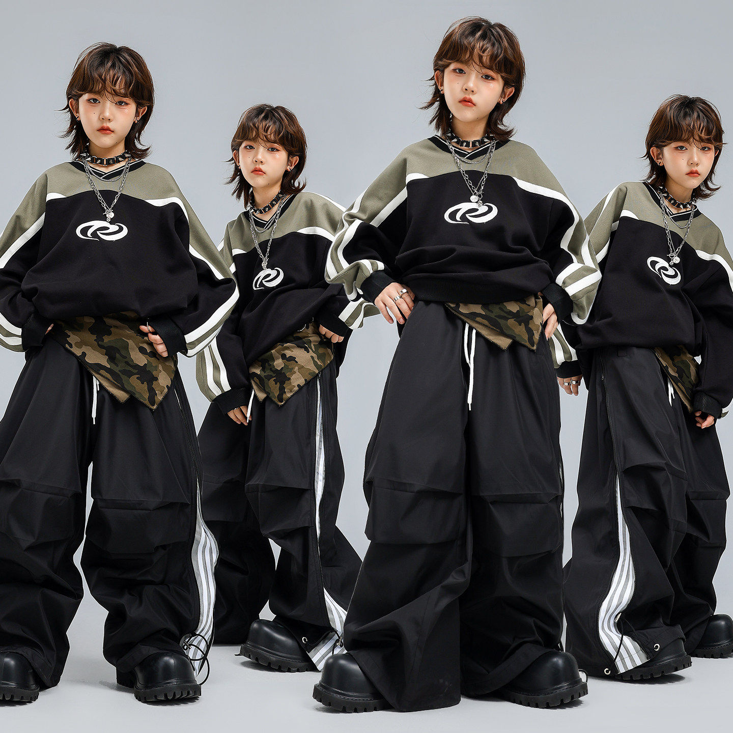男童卫衣宽松潮服帅气军绿街舞演出服嘻哈美式运动工装裤套装潮服