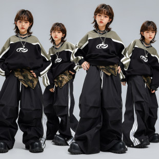 男童卫衣宽松潮服帅气军绿街舞演出服嘻哈美式运动工装裤套装潮服