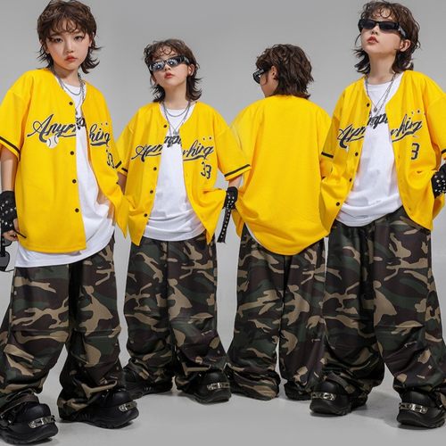 男童街舞潮服嘻哈长袖衬衫宋雨琦白伞兵工装裤迷彩裤酷帅气演出服