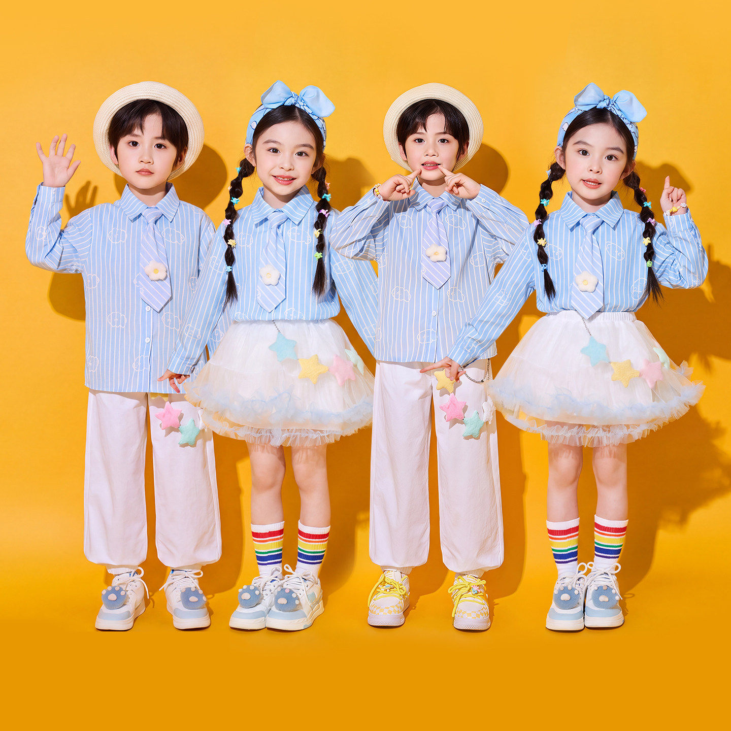 儿童演出服小学生运动会啦啦操班服合唱表演蓝色条纹衬衫纱裙秋季
