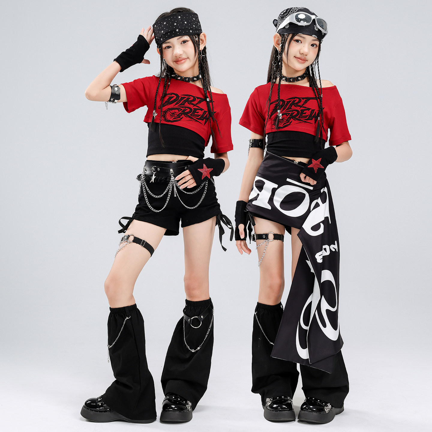 爵士舞服装女童露脐黑红短袖短裤舞蹈服套装jazz女孩街舞演出服女