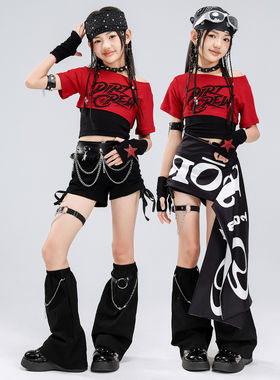 爵士舞服装女童露脐黑红短袖短裤舞蹈服套装jazz女孩街舞演出服女