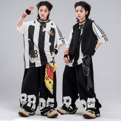儿童街舞潮服男童嘻哈宽松条纹08短袖表演服套装hiphop男孩演出服