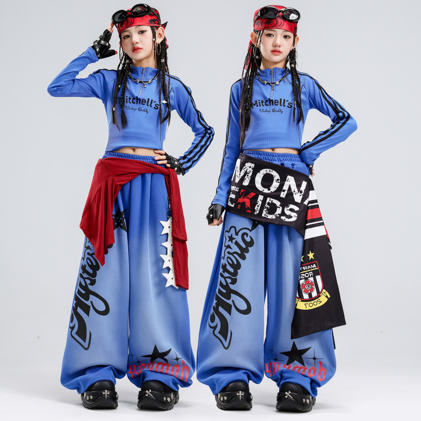 爵士舞女童服装露脐蓝色立领舞蹈服套装时髦炸街jazz街舞表演服女