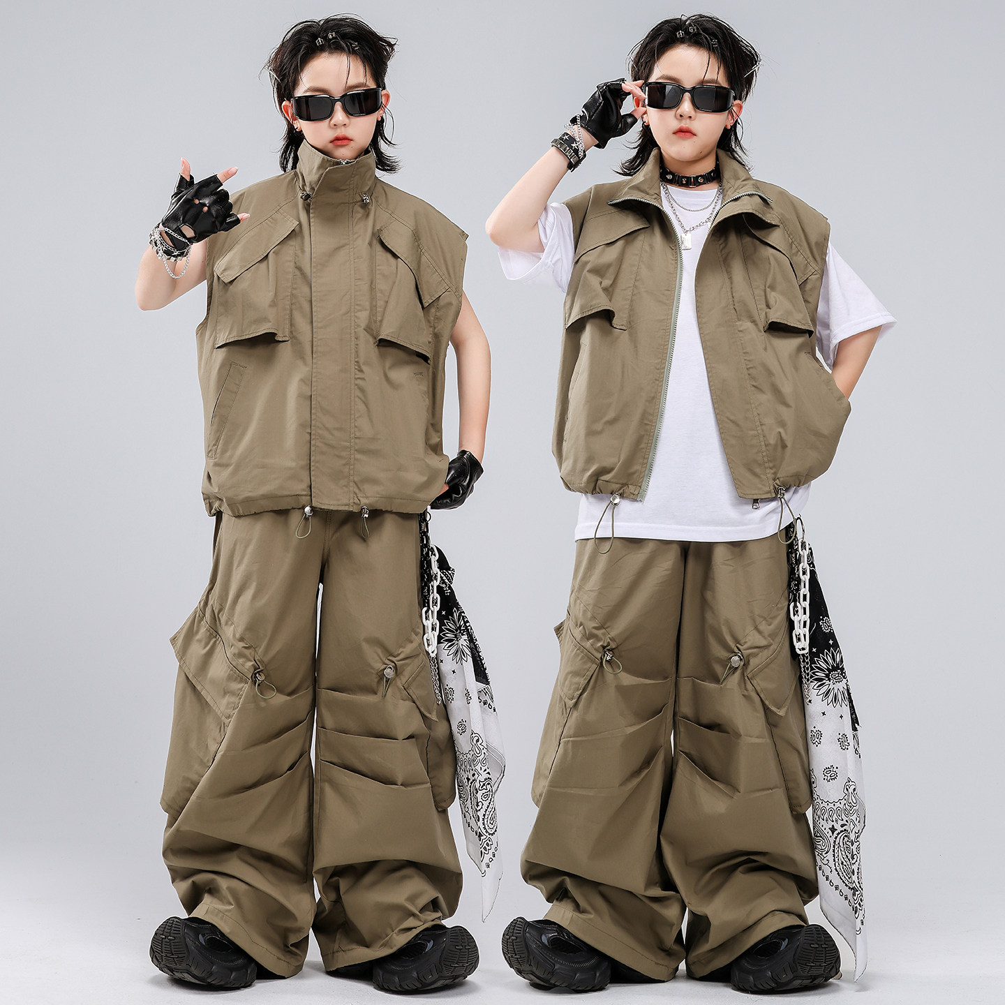 街舞儿童潮服嘻哈男童军绿马甲表演服套装hiphop架子鼓男孩演出服