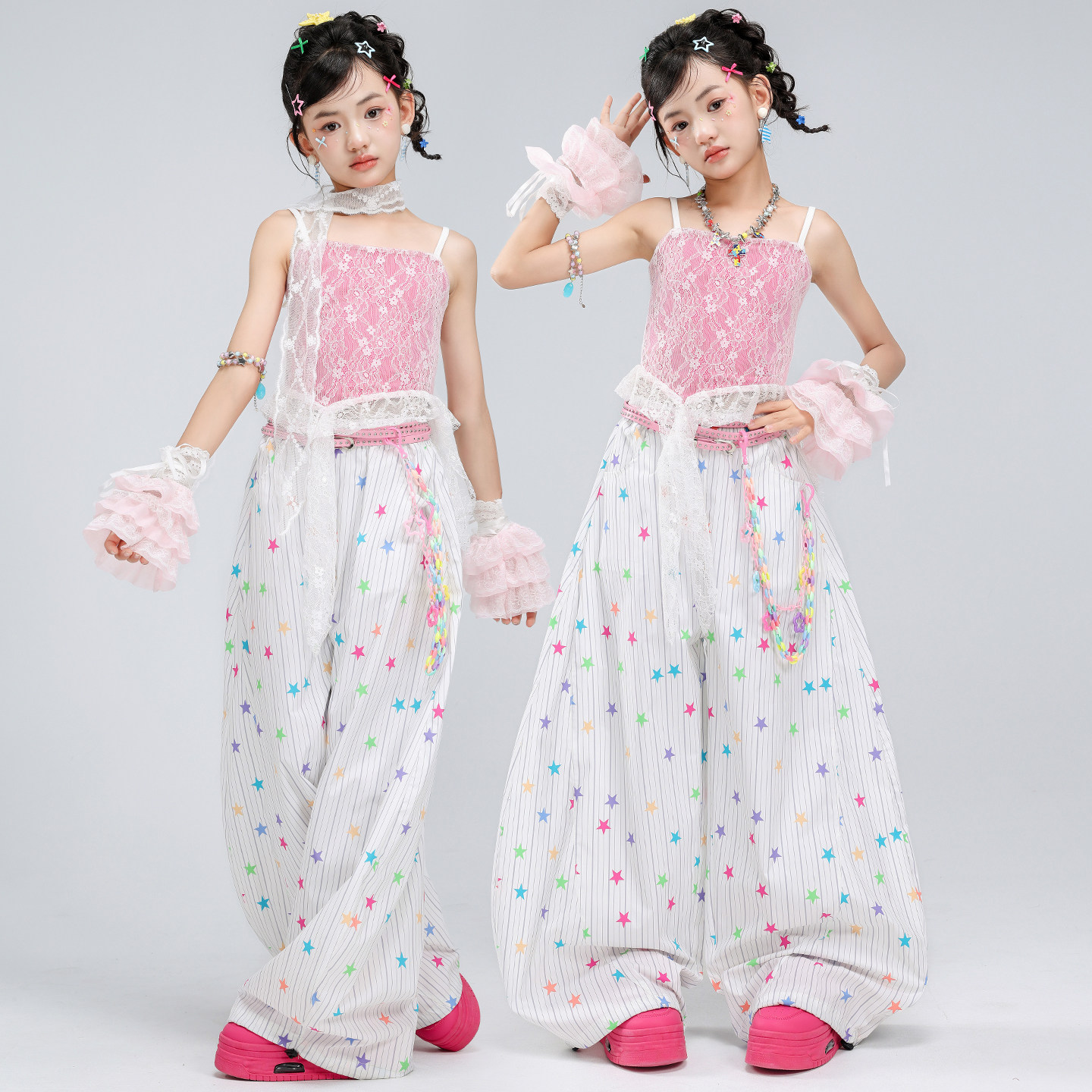 爵士舞服装女童露脐粉色小女生蕾丝吊带舞蹈服套装jazz街舞表演服