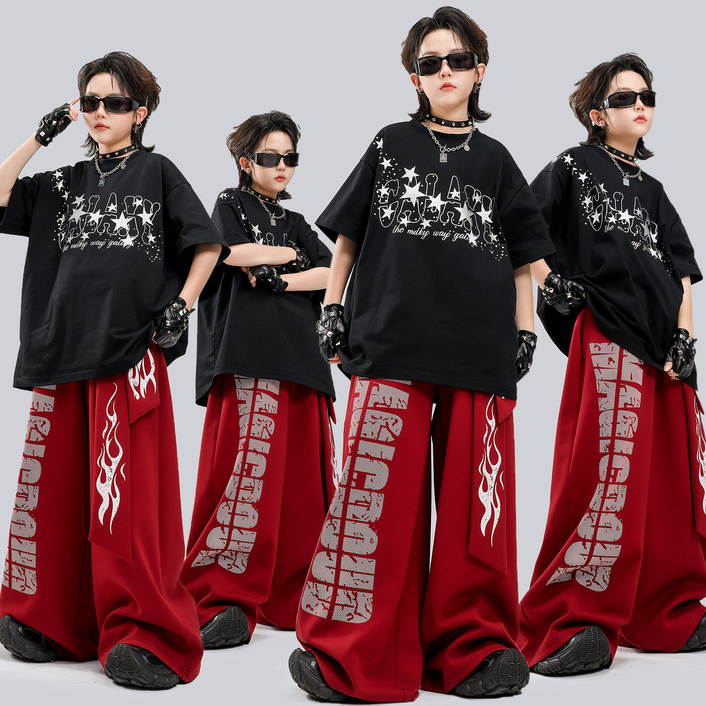 男女童街舞演出服嘻哈帅气腰带字母裤痞帅美式宽松纯棉套装潮少儿