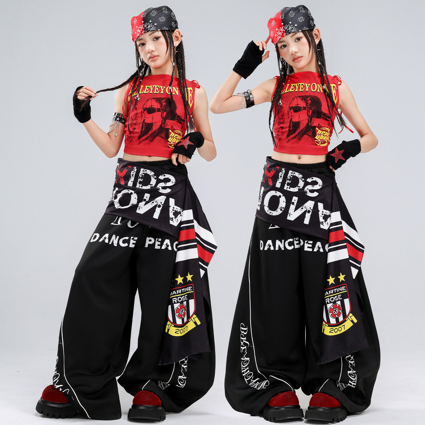 少儿爵士舞服装夏天露脐女童黑红人像表演服套装jazz街舞演出服女
