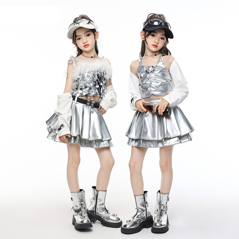 爵士舞演出服装女童jazz舞蹈走秀亮片套装少儿hiphop街舞儿童潮服