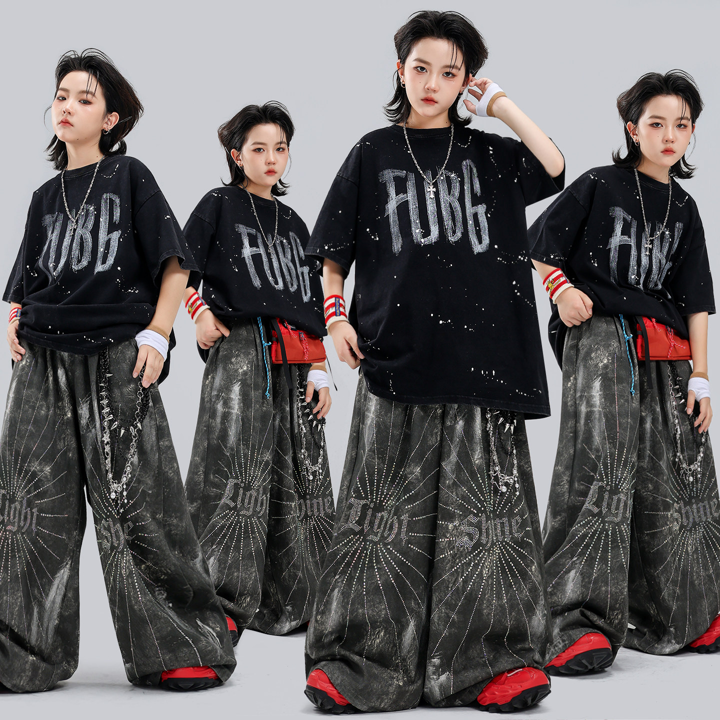 街舞儿童潮服嘻哈夏季男童hiphop宽松黑灰炸街长裤女童舞台演出服