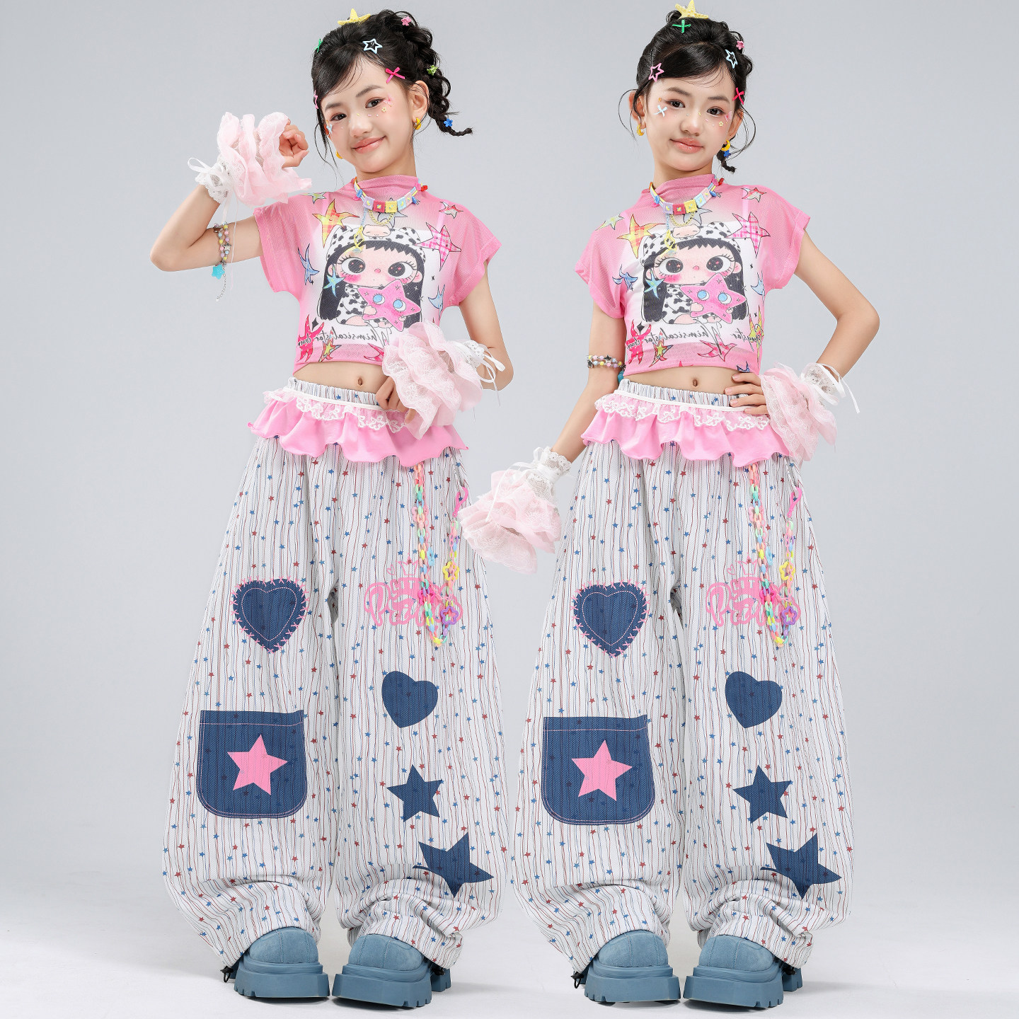 女童爵士舞服装露脐卡通小女生星星舞蹈服套装jazz女孩街舞表演服