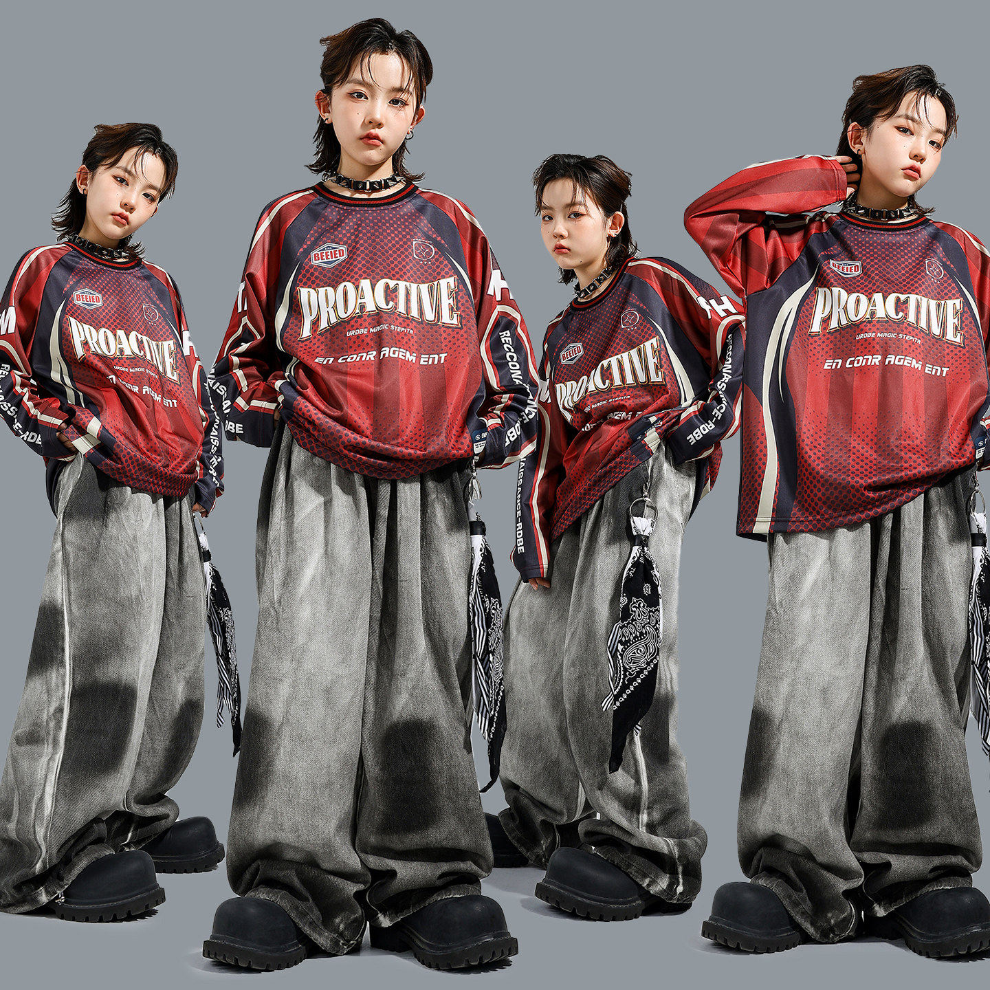 街舞儿童潮服嘻哈美式套装牛仔阔腿裤男童少儿hiphop练功表演出服