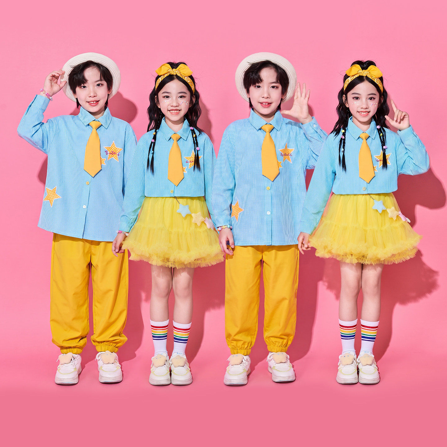 儿童演出服小学生运动会啦啦操蓝色长袖衬衫纱裙班服合唱表演园服