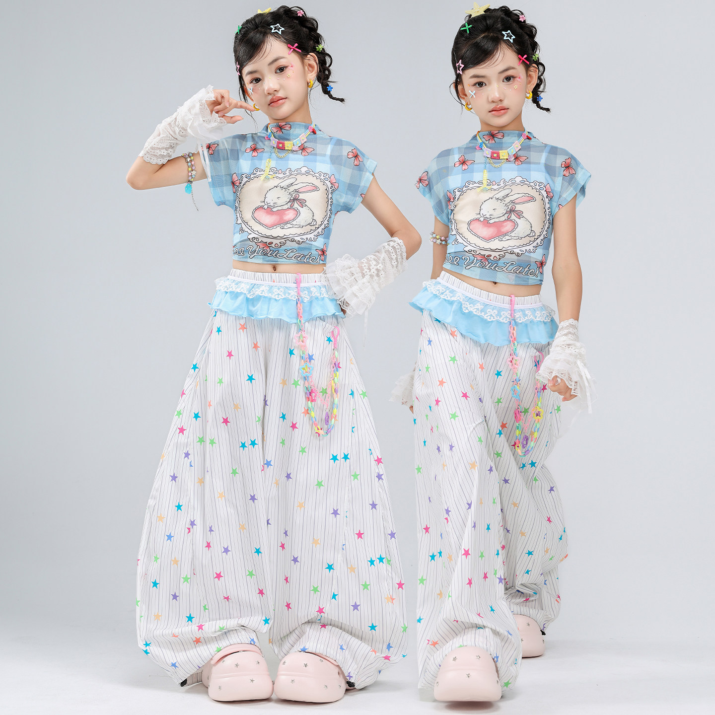 街舞女童爵士舞服装露脐网纱爱心兔表演服套装jazz女孩走秀演出服