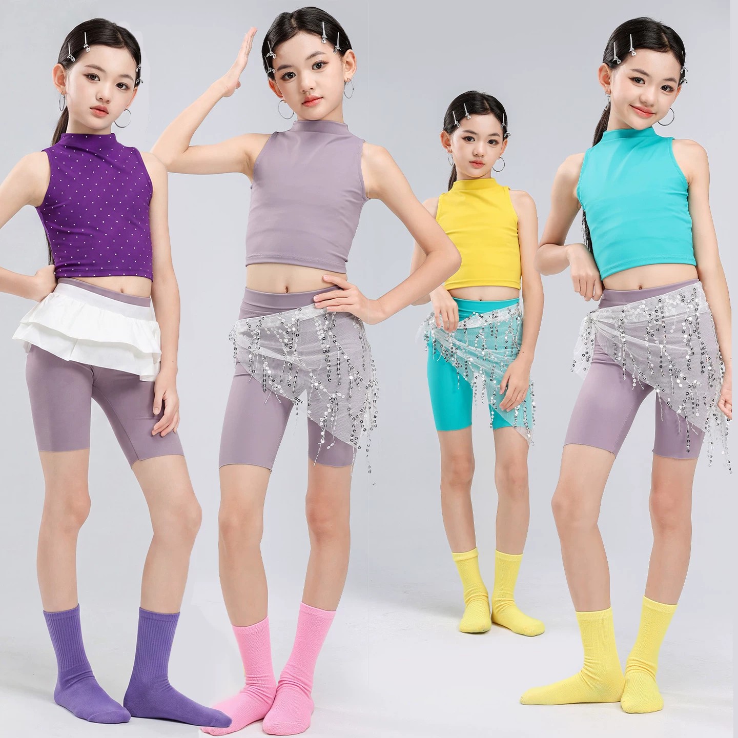 儿童舞蹈服女童练功服黄色修身背心小高领瑜伽艺考形体日常训练服
