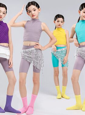 儿童舞蹈服女童练功服黄色修身背心小高领瑜伽艺考形体日常训练服