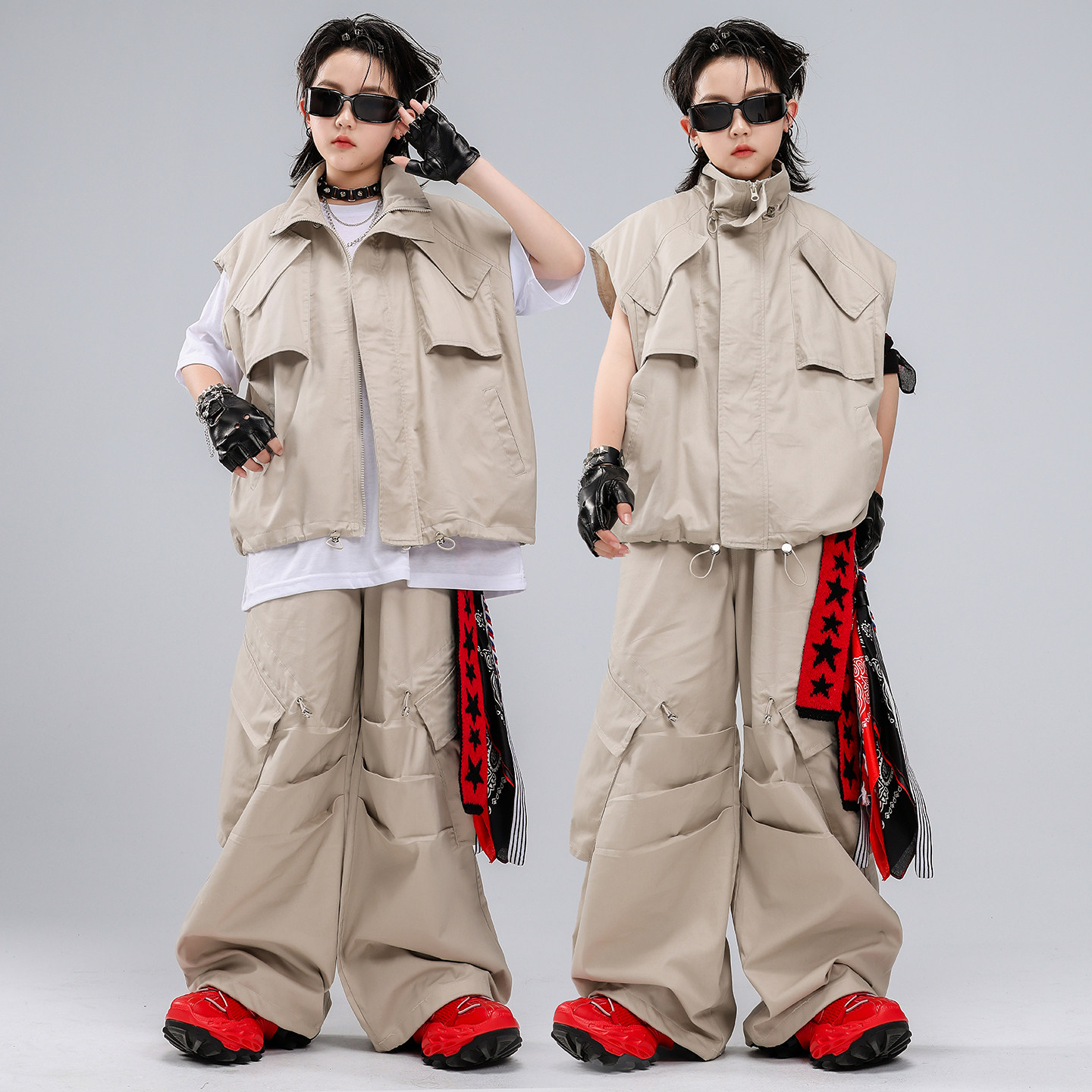 少儿街舞服装嘻哈男童灰色马甲舞蹈服套装hiphop演出服男儿童潮服
