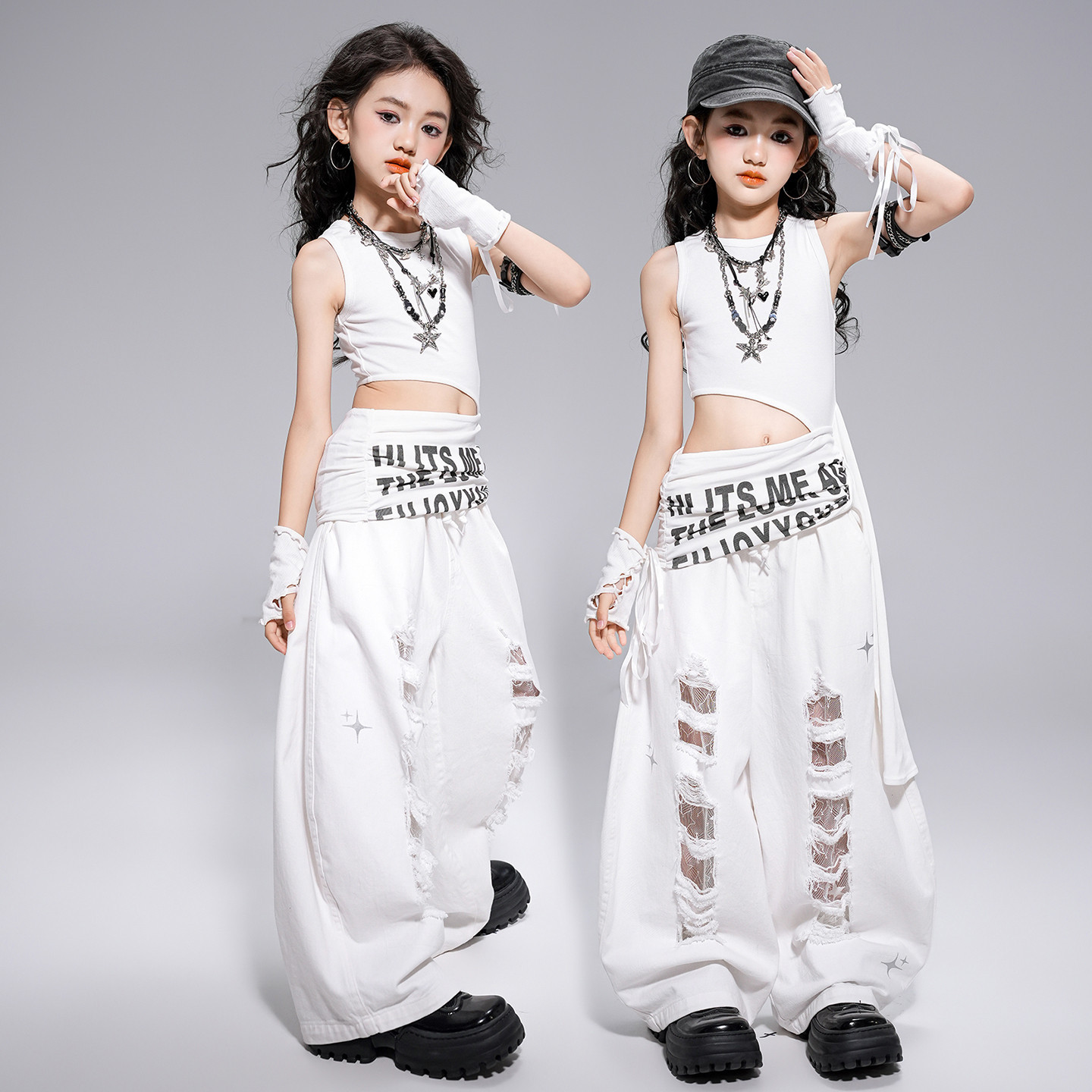 女童爵士舞表演出服少儿jazz韩版露脐背心潮酷破洞裤街舞儿童潮服