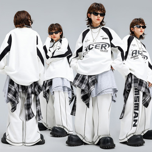 男童街舞儿童潮服白卫衣套装嘻哈运动练功裤男女童少儿帅气演出服