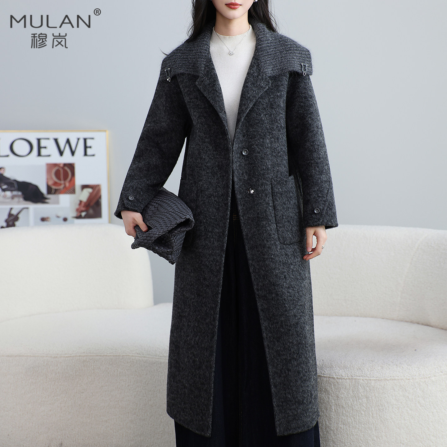 针织领长款全羊毛羊毛双面呢大衣