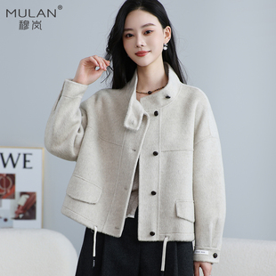 秋冬新品立领超短款夹克双面呢羊绒大衣女式休闲羊毛抽绳机车外套