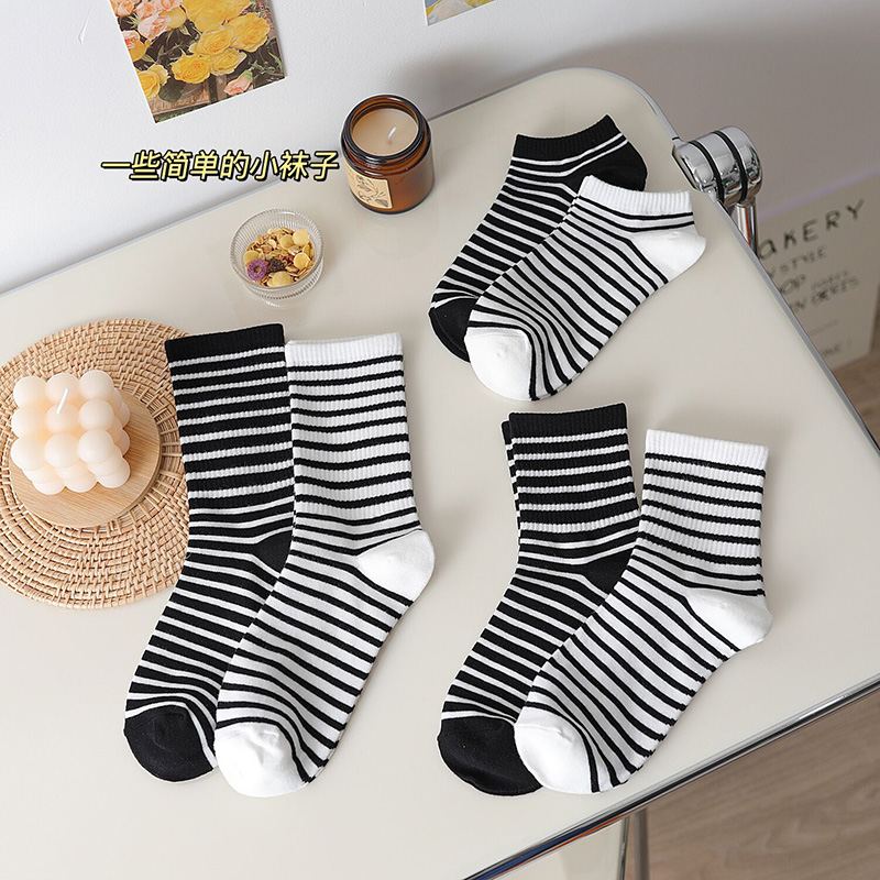 黑白条纹袜子女春秋季纯棉薄款