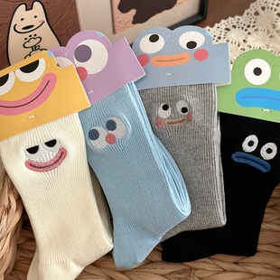 可爱表情双针纯棉袜子女趣味搞怪刺绣中筒袜春秋款 堆堆长袜卡通袜