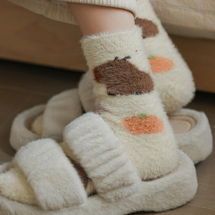 可爱卡通居家袜子女水貂绒加厚款秋冬季中筒袜保暖冬天睡眠学院风
