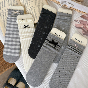 灰色系纯棉袜子女ins潮学院风蝴蝶结中筒堆堆袜日系春秋韩国长袜