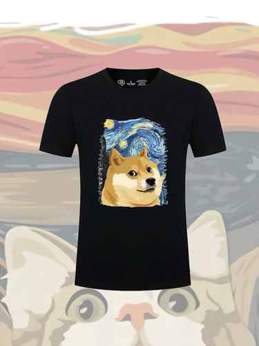 呐喊油画风柴犬狗头橘猫短袖T恤