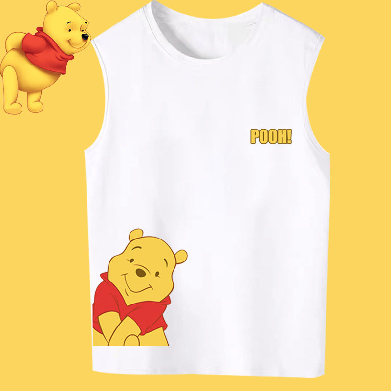 卡通小熊维尼印花无袖纯棉宽松男女情侣款T恤ins潮牌大码背心坎肩