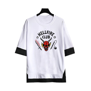 怪奇物语HellFire Club地狱火俱乐部美剧印花五分袖宽松假两件T