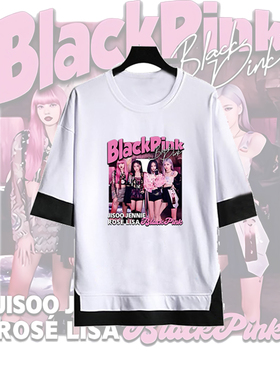 BlackPink珍妮JISOO朴彩英Lisa美式复古五分袖圆领假两件男女上衣