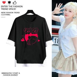GIDLE宋雨琦专辑YUQ1周边Minnie应援同款 T恤 印花假两件宽松五分袖