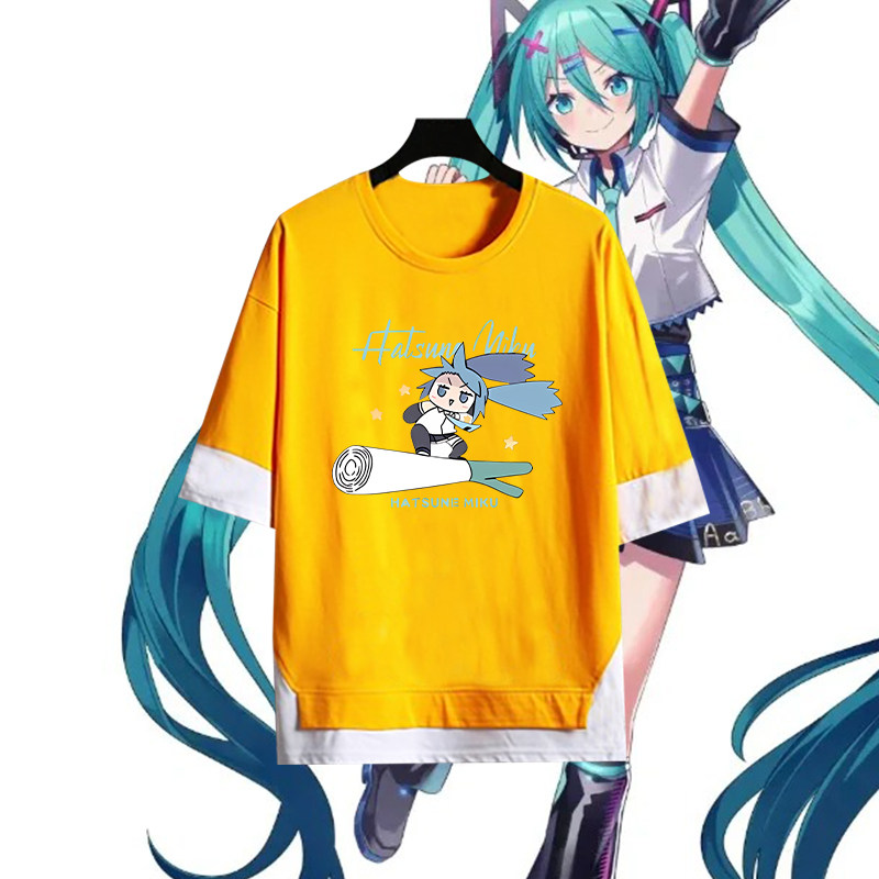 初音联名未来周边联名五分袖袖T恤衫cos男女纯棉假两件二次元上衣