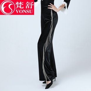梵舒仪态形体礼仪训练裤子流苏丝绒阔腿喇叭修身显瘦新款中高腰