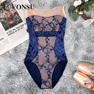 vonsu梵舒芭蕾舞服体操练功服高端刺绣丝绒连体服带胸垫修身 弹力