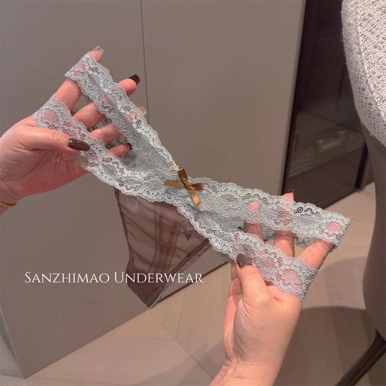 欲姬腰精~性感蕾丝丁字裤女生低腰无痕网纱蝴蝶结细带T字内裤少女