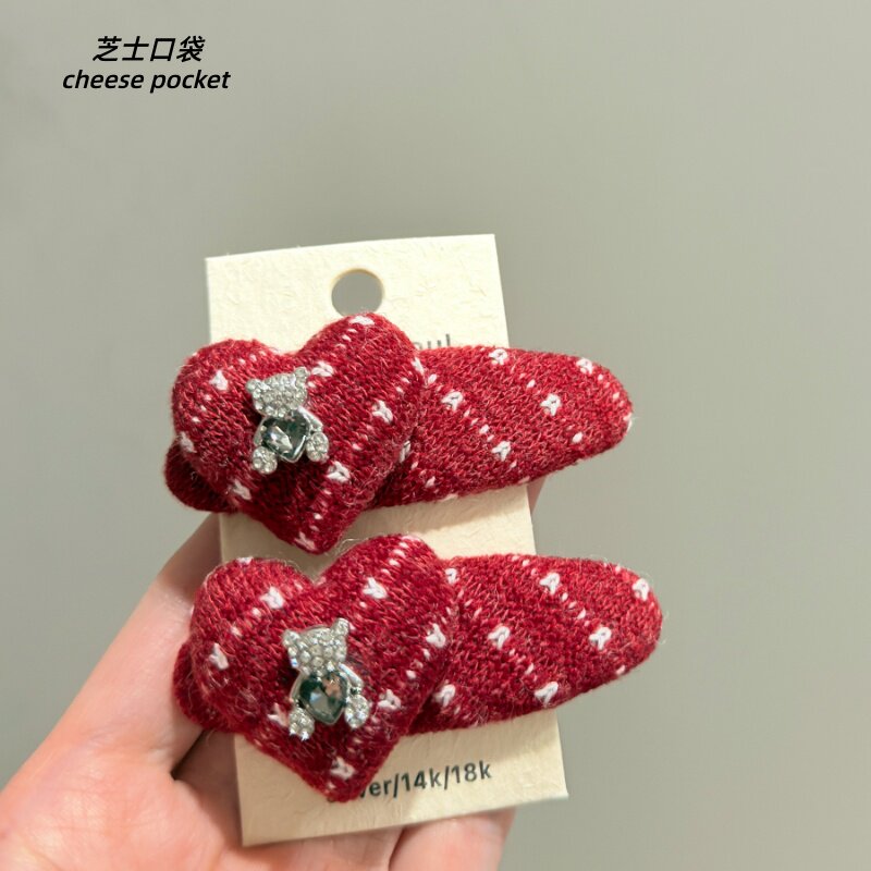 韩国东大门精致复古红色编制爱心发夹设计感闪钻小熊刘海碎发BB夹