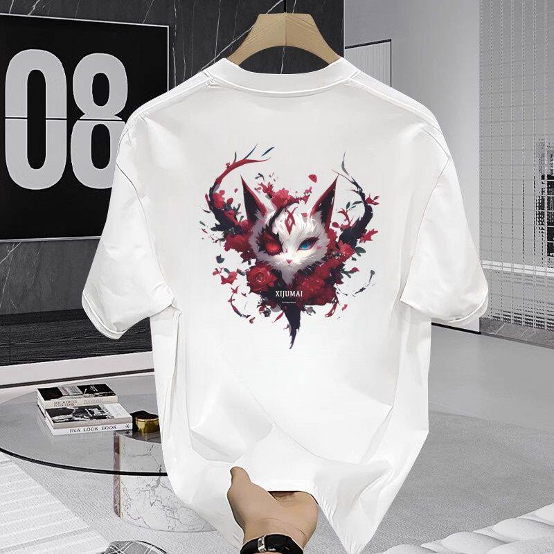 美式潮牌蝴蝶玫瑰花狐狸纯棉短袖T恤男女2025夏季宽松上衣体恤潮